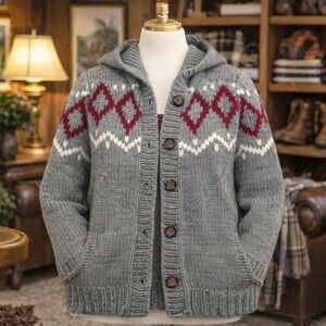 Kenji HANDKNIT Grey Geometric Fair Isle Hooded Cardigan Sweater L Wool Alpaca